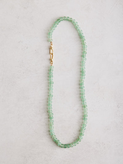 18" natural green aventurine hand-knotted on ivory silk with gold-filled findings and lobster swivel clasps. Handmade by Nicole Gerulat.