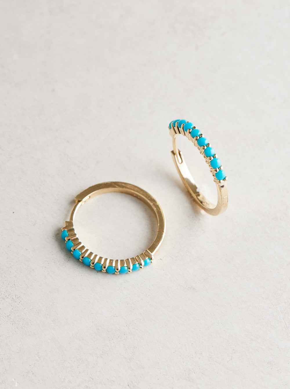 14k Large Natural Turquoise Huggies, 20mm. Available in yellow and white gold.