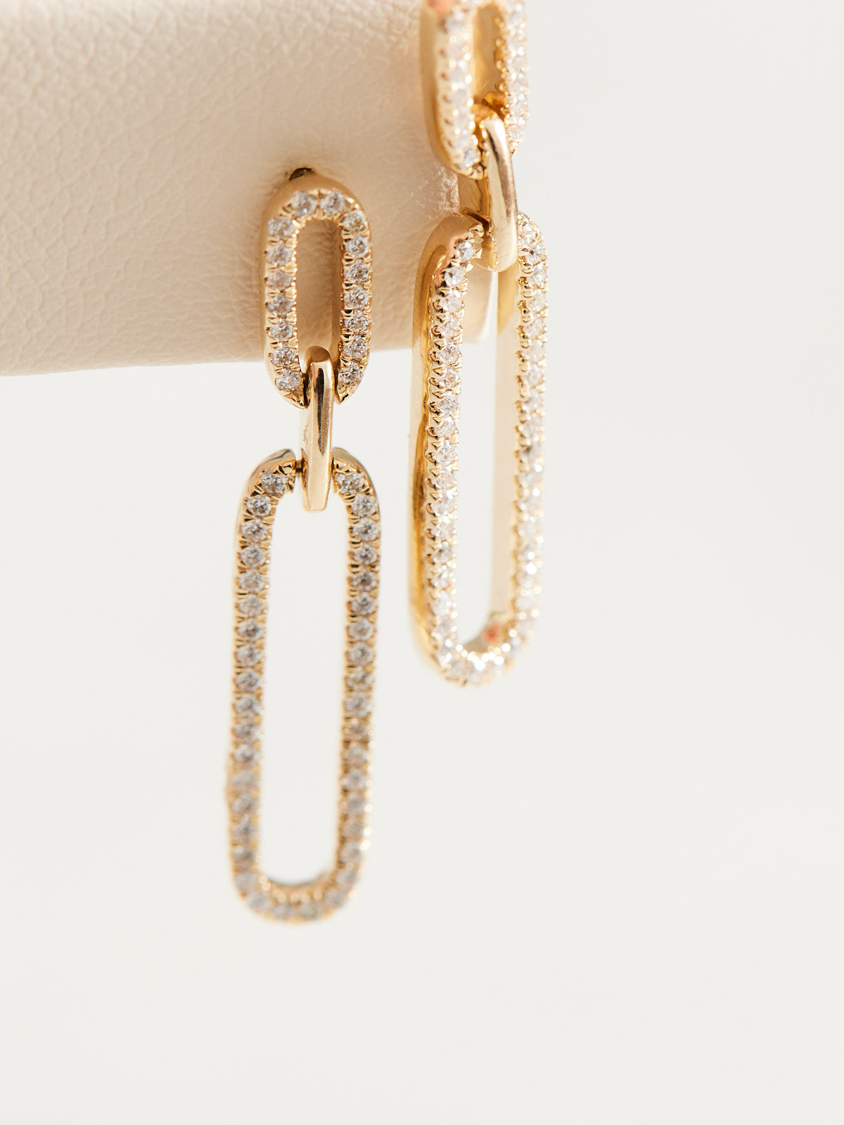 Sparkling 14k gold & natural diamond link earrings, available in yellow, white and rose gold. 32.5mm x 6mm.